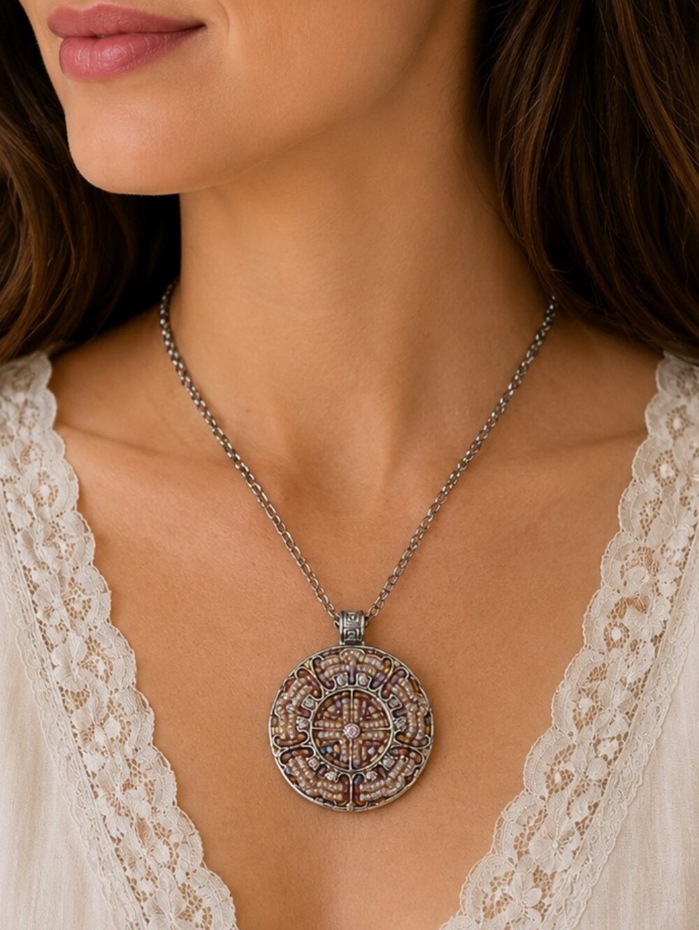 Vtg BEST Pastel Pink Beaded Circle Mandala Pendant Chain Necklace